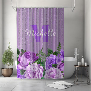 Rideaux De Douche Monogramme floral vintage argenté violet