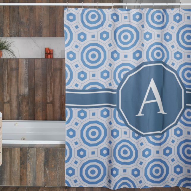 Rideaux De Douche Monogramme géométrique moderne simple bleu et blan (Créateur téléchargé)