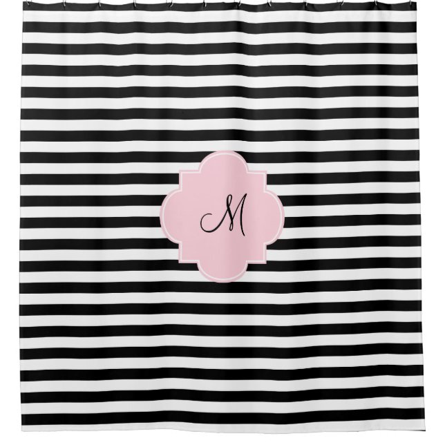 Rideaux De Douche Monogramme Grandes noires et blanches avec rose pa (Devant)