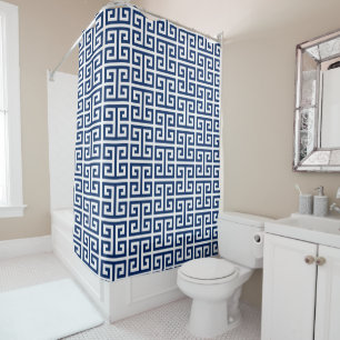 Rideaux De Douche Monogramme grec clé Navy et Blanc