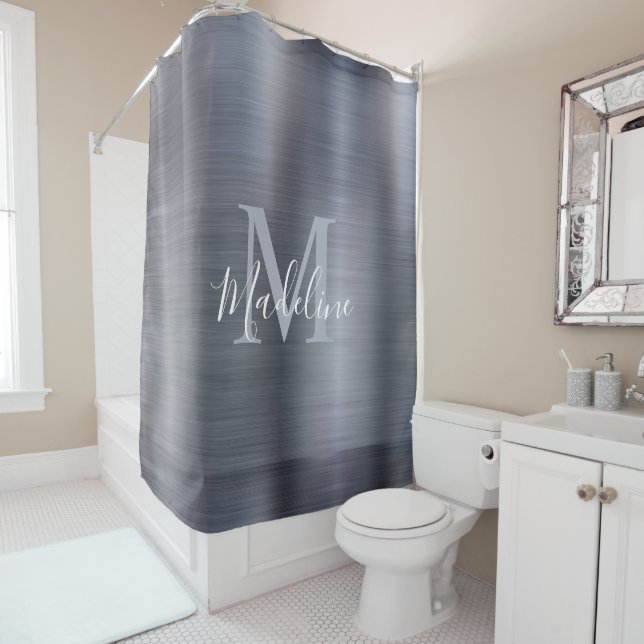 Rideaux De Douche Monogramme gris argenté noir métal brossé tendance (En situation)