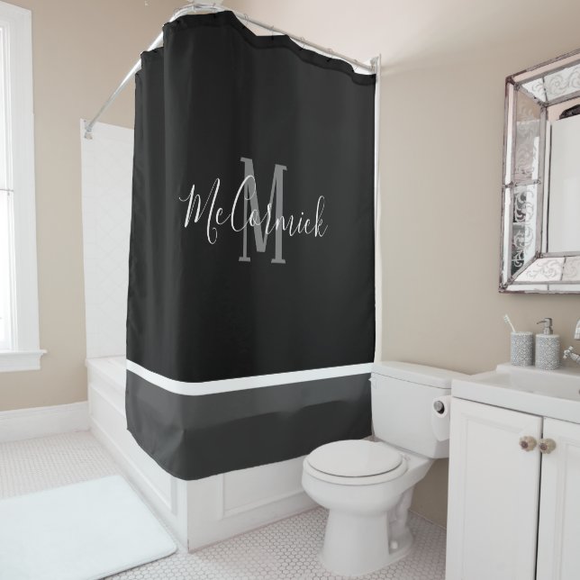 Rideaux De Douche Monogramme Gris Et Blanc Noir Moderne Nom (En situation)