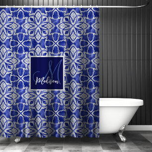 Rideaux De Douche Monogramme Initial Bleu Gris Géométrique Élégant