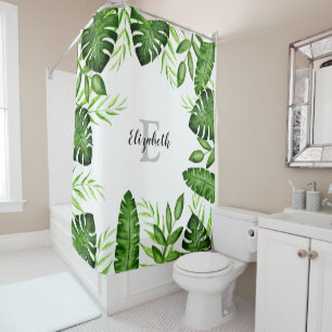 Rideaux De Douche Monogramme Jungle Tropical Feuille Script Plante