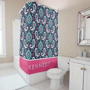 Rideaux De Douche Monogramme marine et rose Ikat Paisley