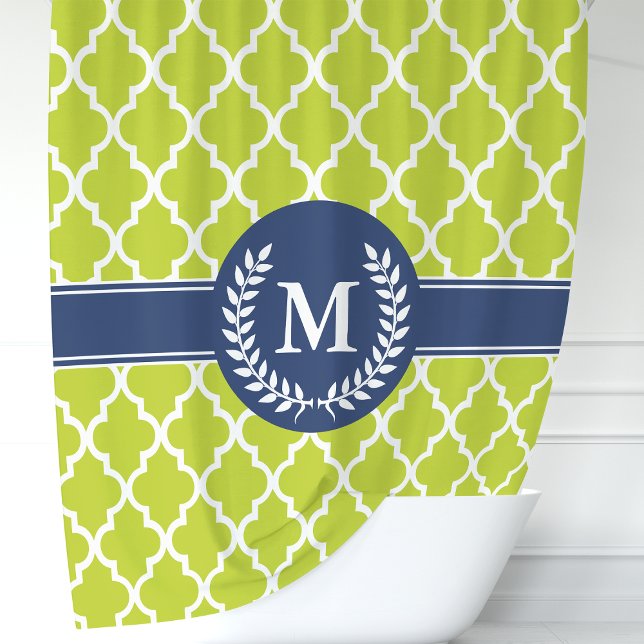 Rideaux De Douche Monogramme marocain Lime Green et Navy (Créateur téléchargé)
