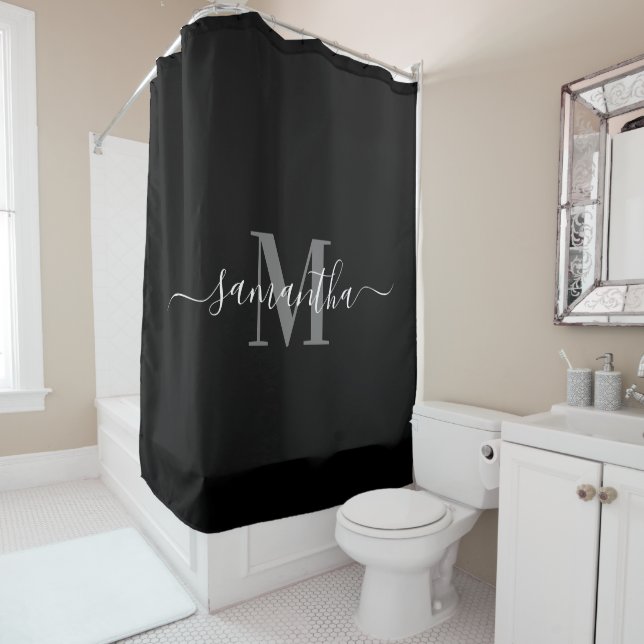 Rideaux De Douche Monogramme minimaliste noir (En situation)