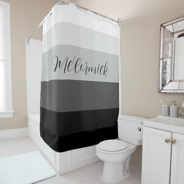 Rideaux De Douche Monogramme moderne chic noir gris blanc Script (En situation)