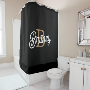 Rideaux De Douche Monogramme moderne élégant Nom Black Gold Script