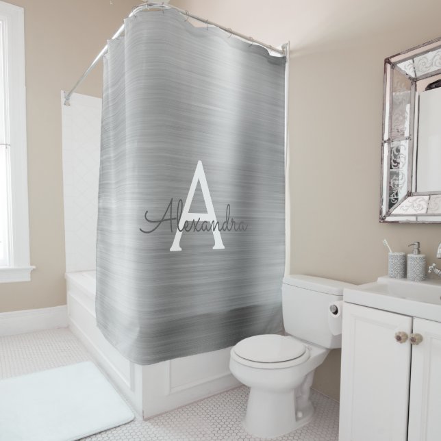 Rideaux De Douche Monogramme moderne en verre d'argent (En situation)