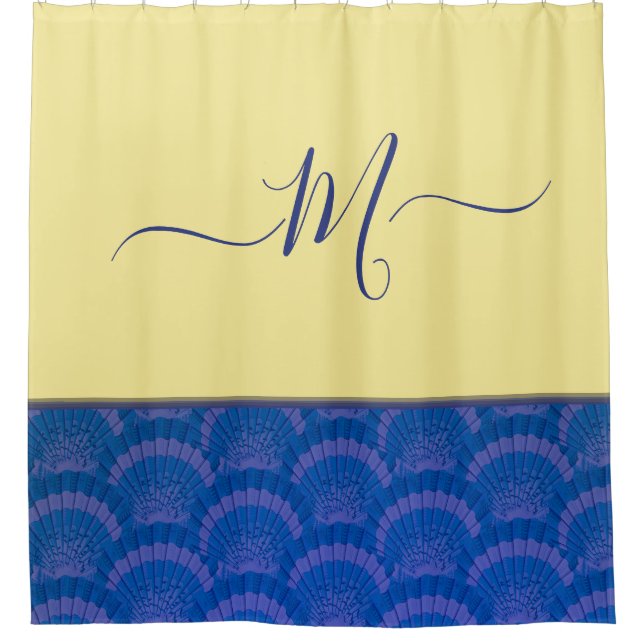 Rideaux De Douche Monogramme moderne jaune côtier bleu coquillage (Devant)
