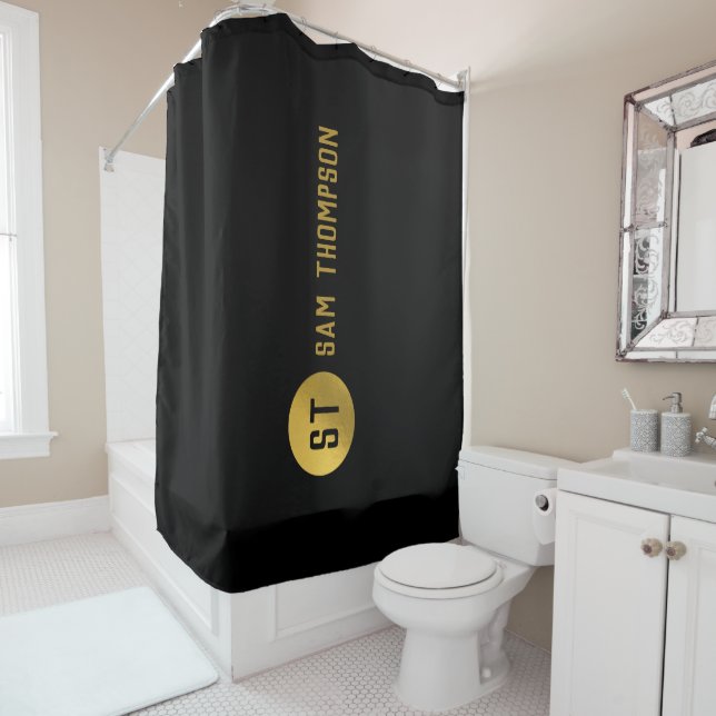 Rideaux De Douche Monogramme moderne noir & or élégant personnalisé (En situation)