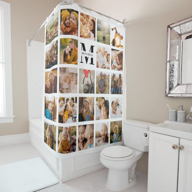 Rideaux De Douche Monogramme moderne Nom de famille 24 Photo Collage (En situation)