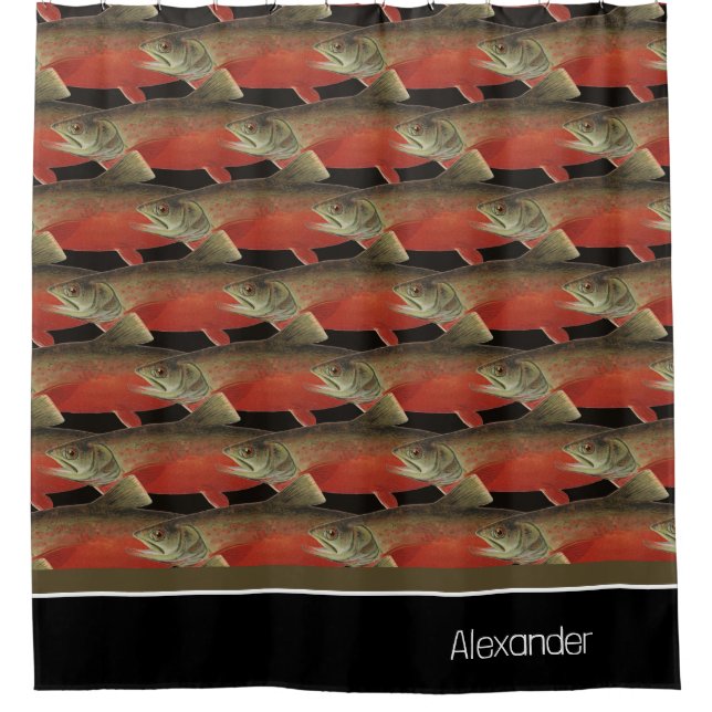 Rideaux De Douche Monogramme moderne Poisson Saumon Design Noir Blan (Devant)