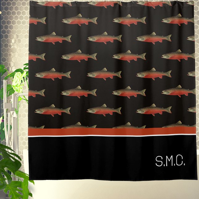 Rideaux De Douche Monogramme moderne Poisson Saumon Design Noir Blan (Créateur téléchargé)