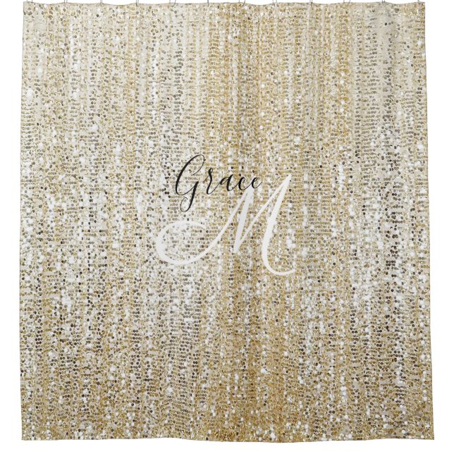 Rideaux De Douche Monogramme moderne scintillant de Champagne (Devant)