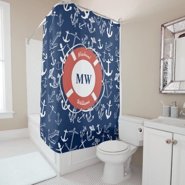 Rideaux De Douche Monogramme nautique Ancre bleu marine Motif (En situation)
