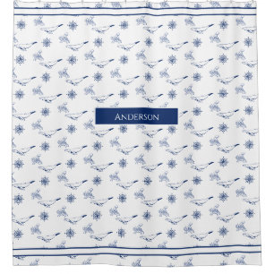 Rideaux De Douche  Monogramme nautique Baleines et poulpe marine Bla