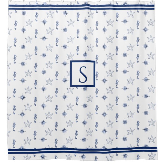 Rideaux De Douche Monogramme nautique Seahorse Starfish Marine Blue (Devant)