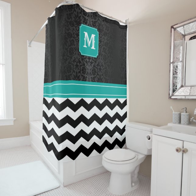 Rideaux De Douche Monogramme noir / blanc Motif Chevron avec Turquoi (En situation)