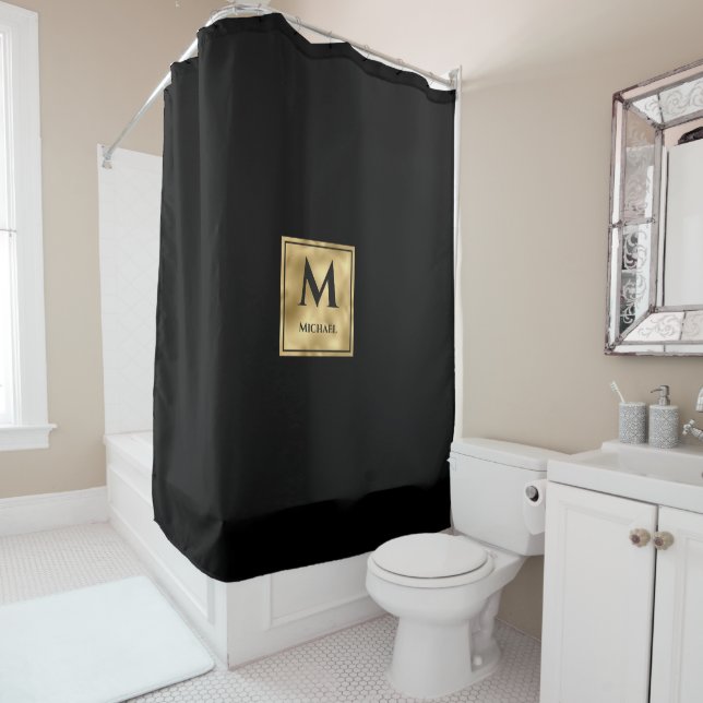 Rideaux De Douche Monogramme noir et or Elégant luxe (En situation)