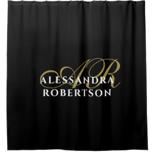 Rideaux De Douche Monogramme noir minimaliste élégant or blanc nom