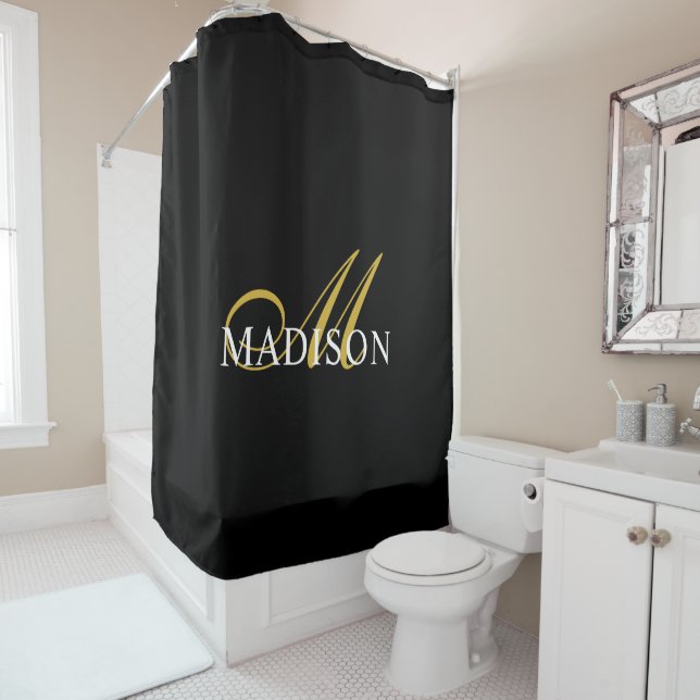 Rideaux De Douche Monogramme noir moderne Gold Nom du script (En situation)