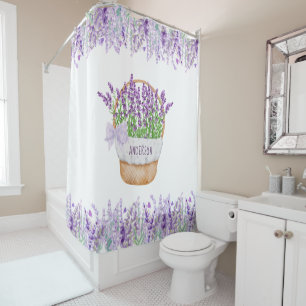 Rideaux De Douche Monogramme Nom Lavande Fleurs Panier Vert pourpre