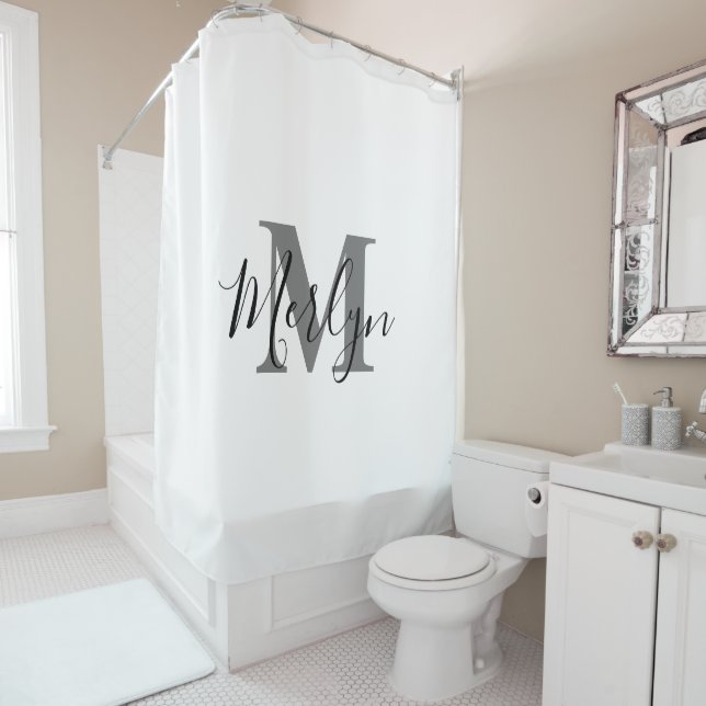 Rideaux De Douche Monogramme Nom personnalisé initial Gris Noir Blan (En situation)