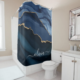 Rideaux De Douche Monogramme Or Géode d'agate Bleu Marine