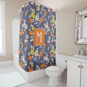 Rideaux De Douche Monogramme orangé et bleu de la Chinoiserie Oiseau