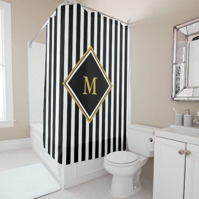 Rideaux De Douche Monogramme personnalisé avec bandes noires et blan (En situation)