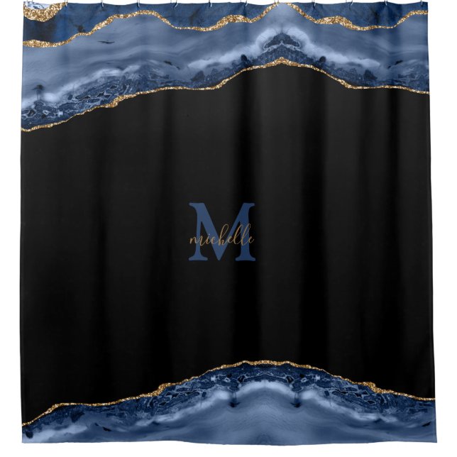 Rideaux De Douche Monogramme personnalisé Marine & Gold Agate (Devant)