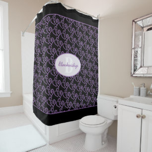 Rideaux De Douche Monogramme Purple Coeurs Liés Motif sur Noir