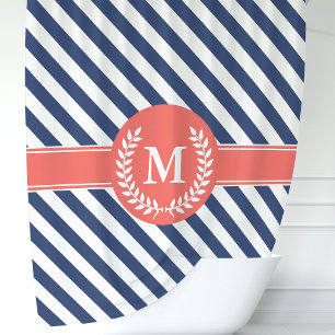 Rideaux De Douche Monogramme rayures nautiques bleu marine et corail