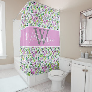 Rideaux De Douche Monogramme Rose Gris Vert Bohème Floral Aquarelle