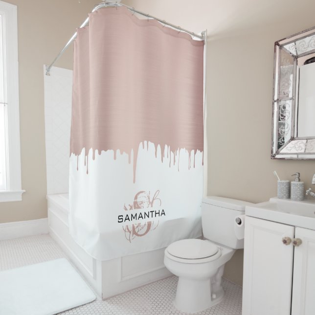 Rideaux De Douche Monogramme Rose tendance Pink Gold (En situation)
