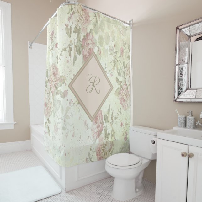 Rideaux De Douche Monogramme rose vert floral Shabby chic rose rose  (En situation)