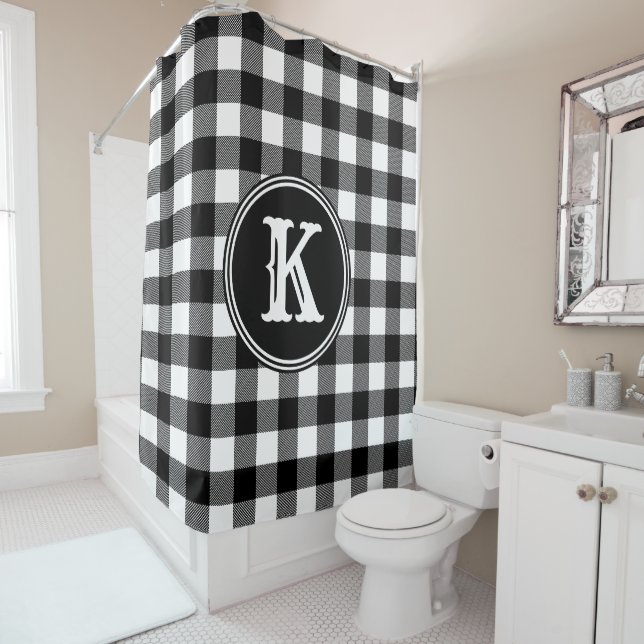 Rideaux De Douche Monogramme Rustique noir blanc Buffalo plaqué (En situation)