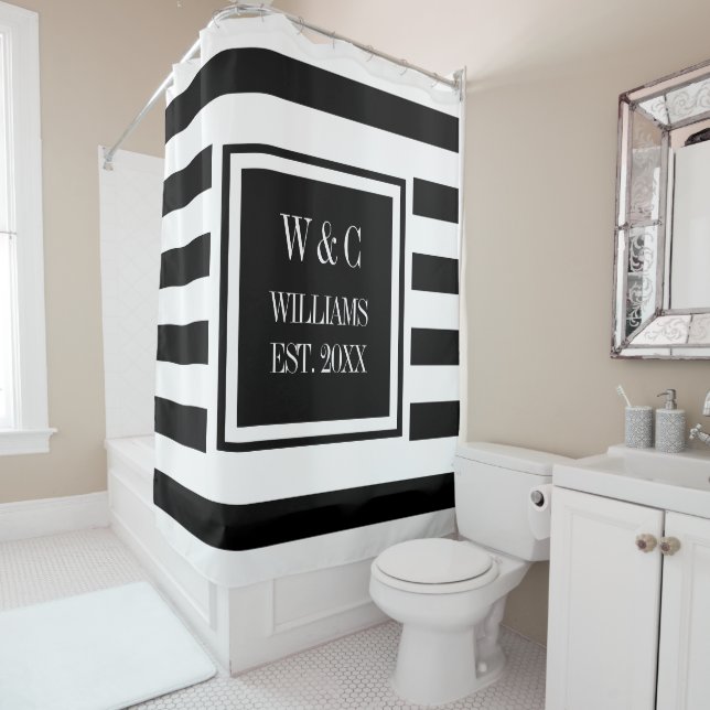 Rideaux De Douche Monogramme tendance élégant rayures noires et blan (En situation)