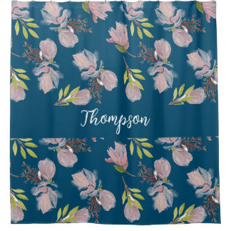 Rideaux De Douche Monogramme tendance marine bleu motif floral éléga