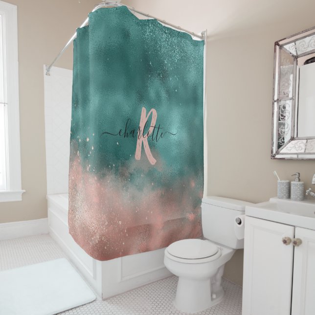 Rideaux De Douche Monogramme Turquoise et doux Pink Ombre Foil (En situation)