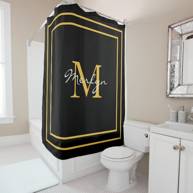 Rideaux De Douche Monogrammes Initiales Gold Black Nom personnalisé  (En situation)
