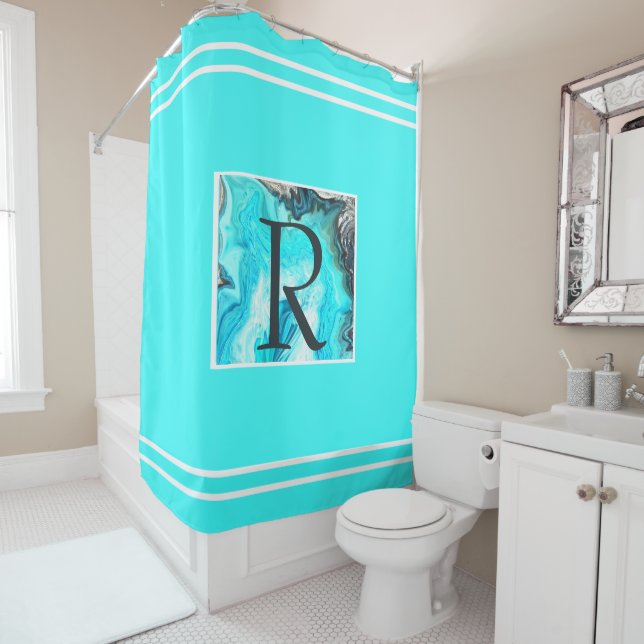 Rideaux De Douche Monogrammes Turquoises Grandes Blancs Agate Art Él (En situation)