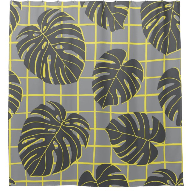 Rideaux De Douche Monstera Feuilles : Jaune-Gris moderne Abstrait (Devant)