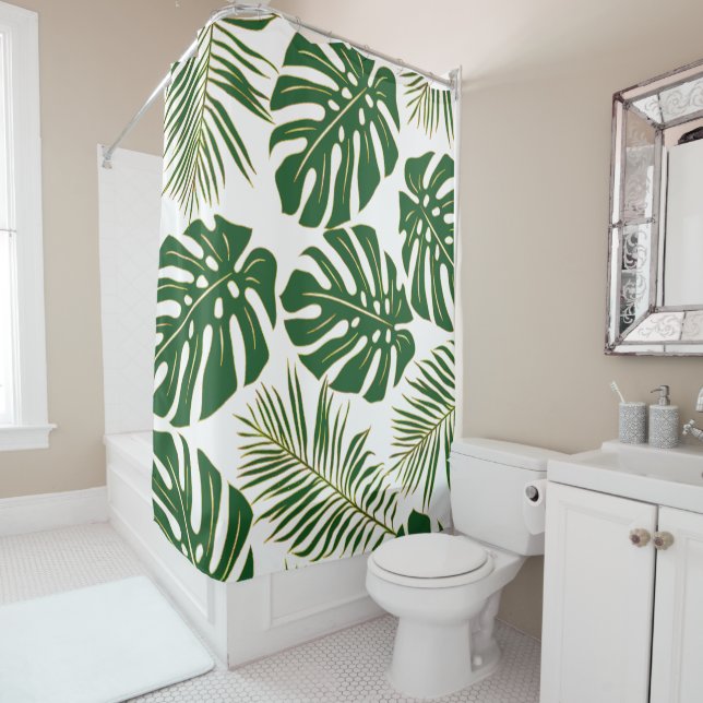 Rideaux De Douche Monstère verte et dorée et feuilles tropicaux palm (En situation)