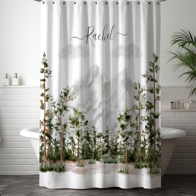 Rideaux De Douche Montagne et forêt aquarelle monogrammée (In situ bath room)