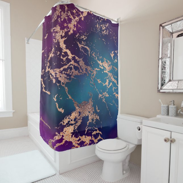 Rideaux De Douche Moody Luxe Marble | Profond violet et Turquoise or (En situation)