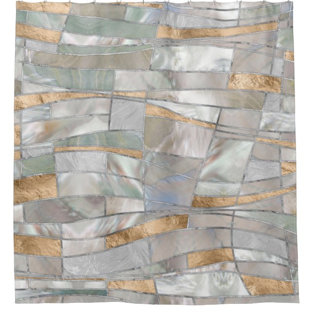 Rideaux De Douche Mosaic Waves Art - Pearl et Pastel Gold (Devant)