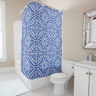 Rideaux De Douche Mosaïque Bleue Méditerranéenne Peinte À La Main